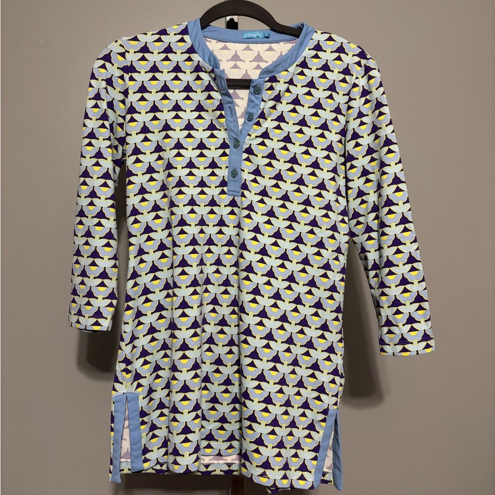 J McLaughlin Tunic Top XS Blue Yellow Geometric Floral Maximalist 3/4 Sleeve